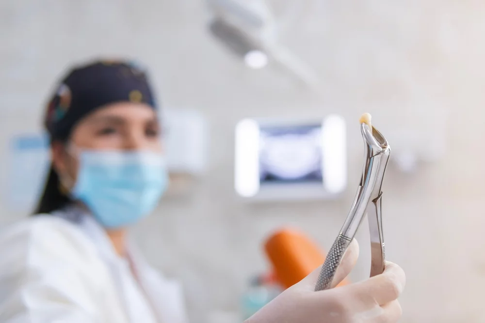 The dentist, specialized in root canal treatments, smiles while holding an extracted tooth with gripping forceps. The image is horizontal, with ample copy space, specifically focused on the tooth